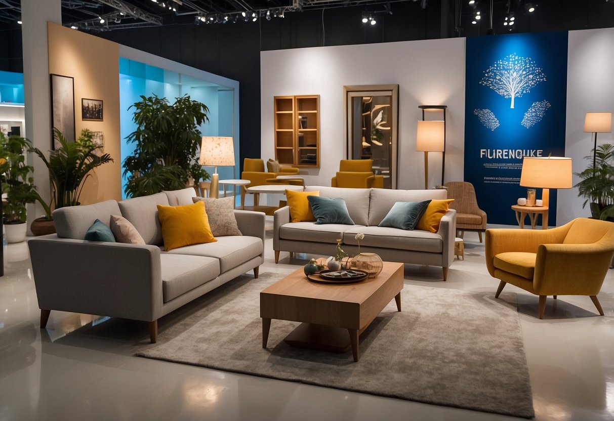 Visitors wander through a vast showroom filled with modern and traditional furniture displays at the Furniture Expo Singapore. Bright lights illuminate the sleek designs and vibrant colors, creating a visually stimulating environment