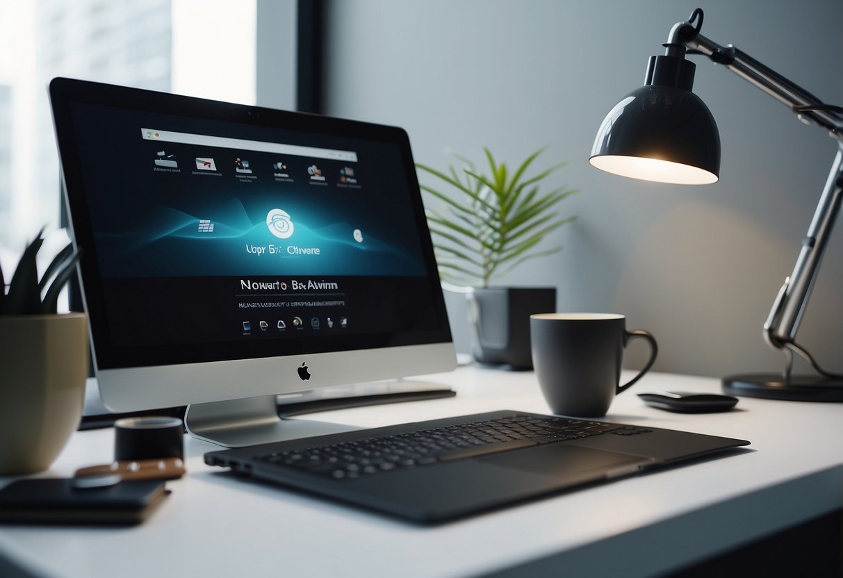 A modern office desk with a sleek ergonomic chair, a laptop, and a stylish desk lamp. The desk is organized with a notepad, pen, and a cup of coffee