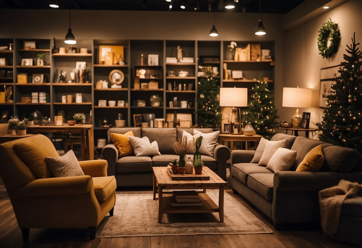 A cozy furniture shop with warm lighting, shelves stocked with various home decor items, and comfortable seating displays