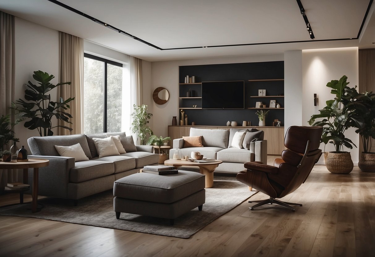A room filled with various furniture pieces labeled "Frequently Asked Questions" in a modern, minimalist style