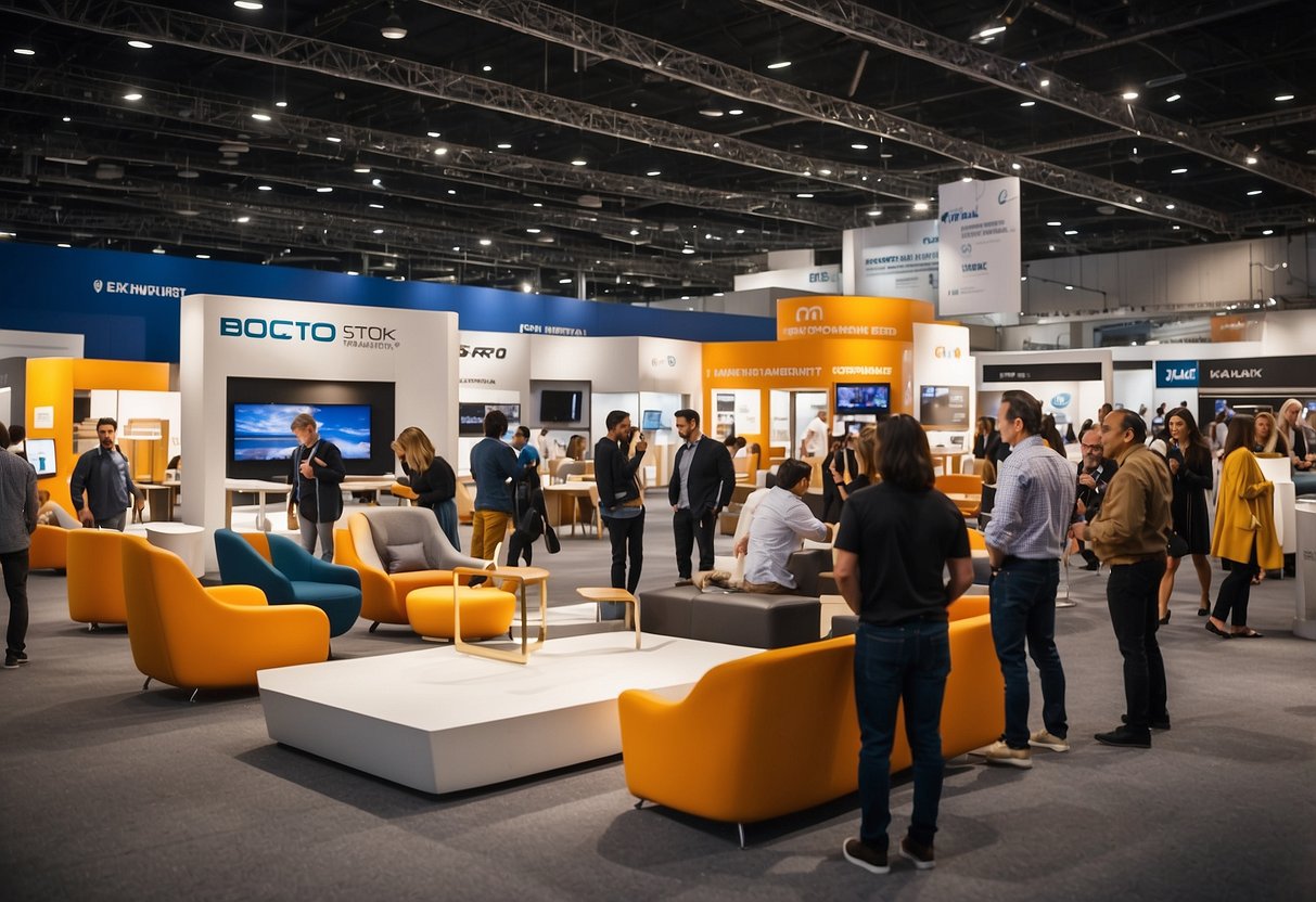Various furniture booths line the expo hall, showcasing modern and traditional pieces. Visitors browse and interact with exhibitors