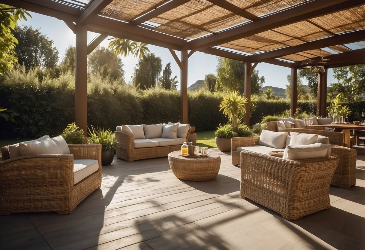 A sunny garden with a variety of rattan furniture options displayed in a spacious outdoor setting