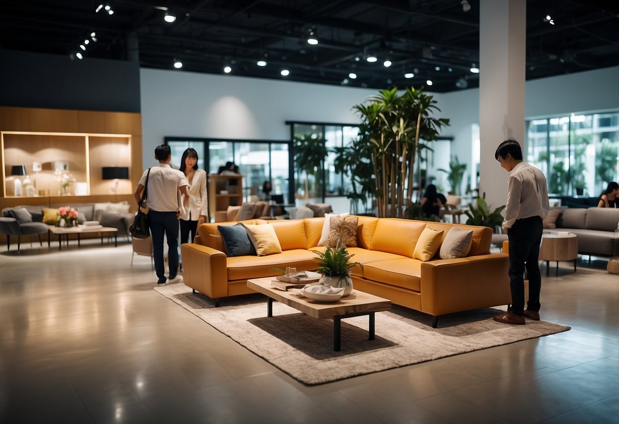 People browsing furniture in a modern Singapore shop. Displays of sofas, tables, and decor. Bright lighting and clean, minimalist design