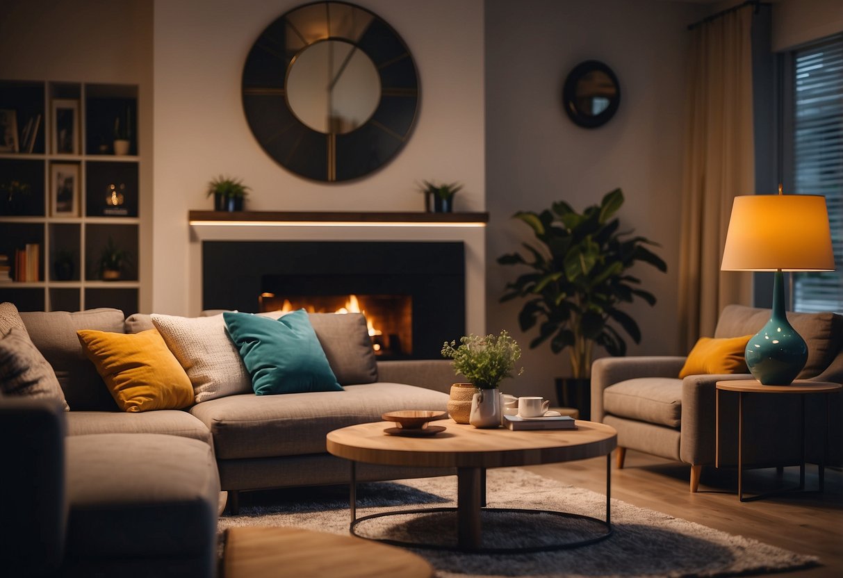 A cozy living room with modern furniture, soft lighting, and vibrant decor, all displayed in a nearby furniture shop