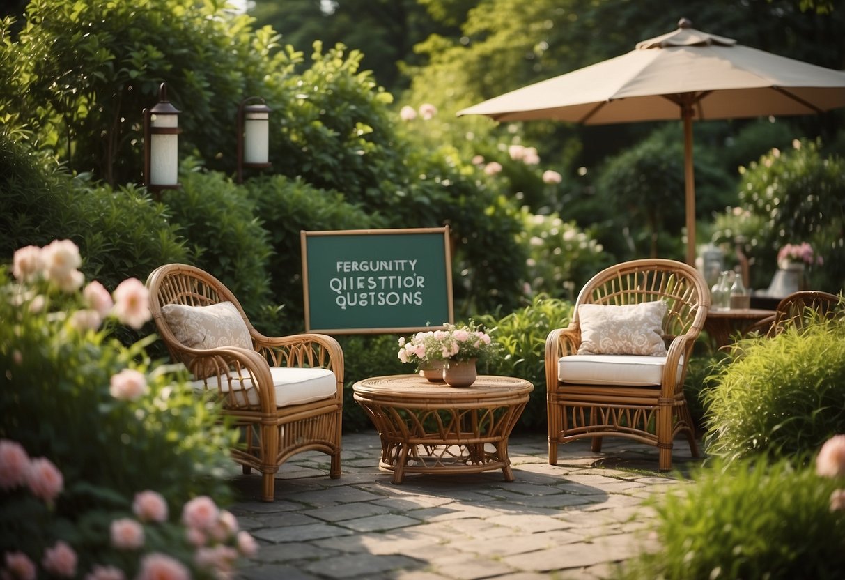 A rattan garden furniture set surrounded by lush greenery and blooming flowers, with a sign reading "Frequently Asked Questions" nearby