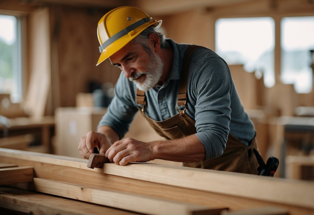 A carpenter carefully selects oak for sturdy furniture