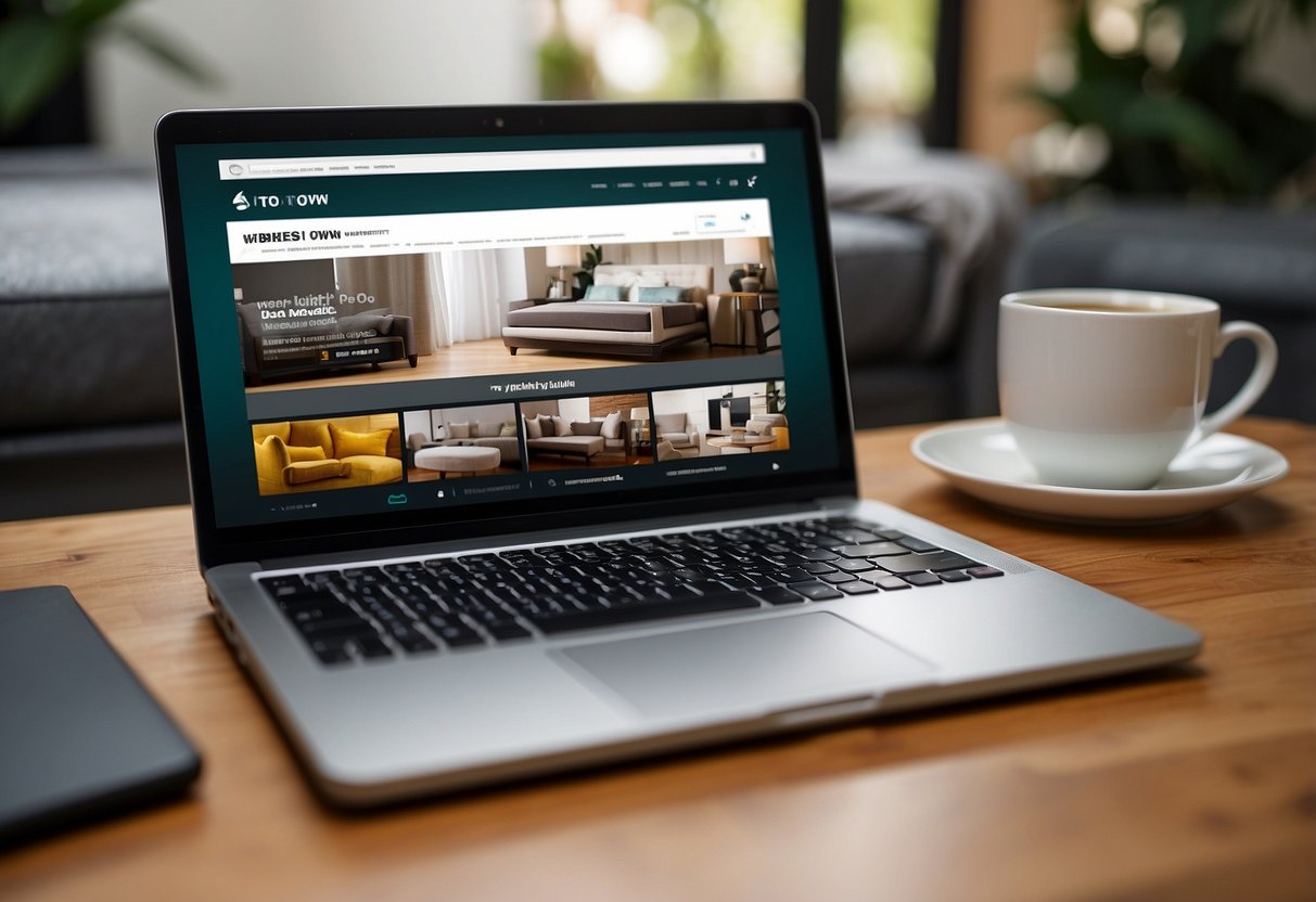 A laptop displaying a website with various furniture options. A "rent to own" banner is prominent, and a checkout button is highlighted