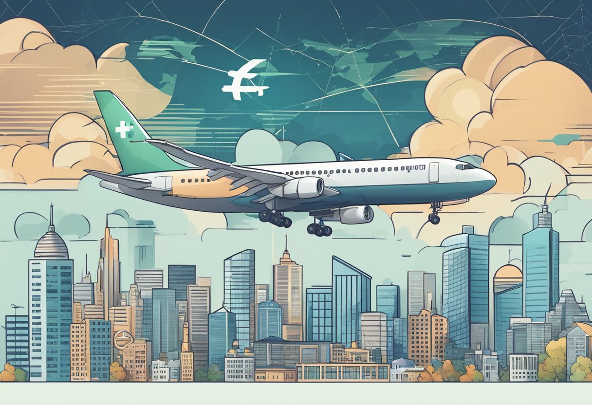 A plane flying over a city skyline with a hospital and a passport symbol, representing medical tourism