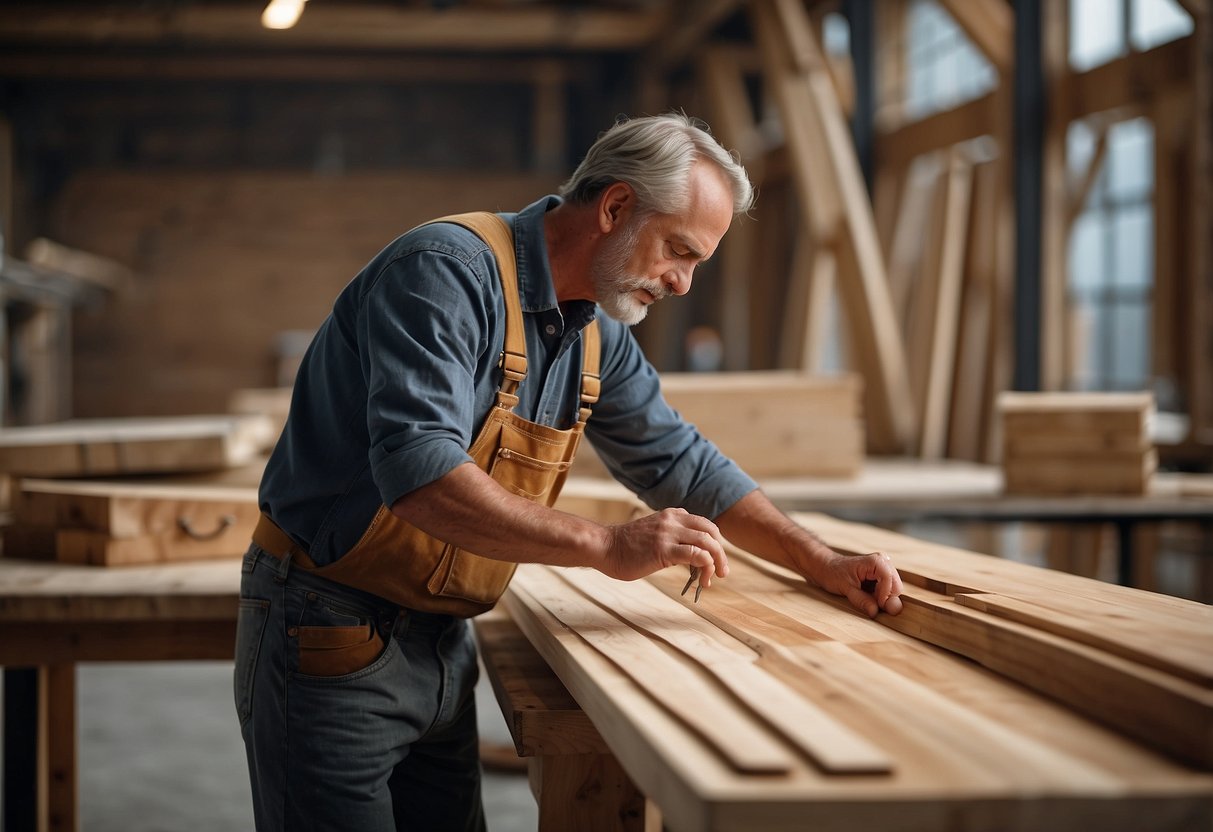 A carpenter examines different wood types for furniture, comparing their strength and durability