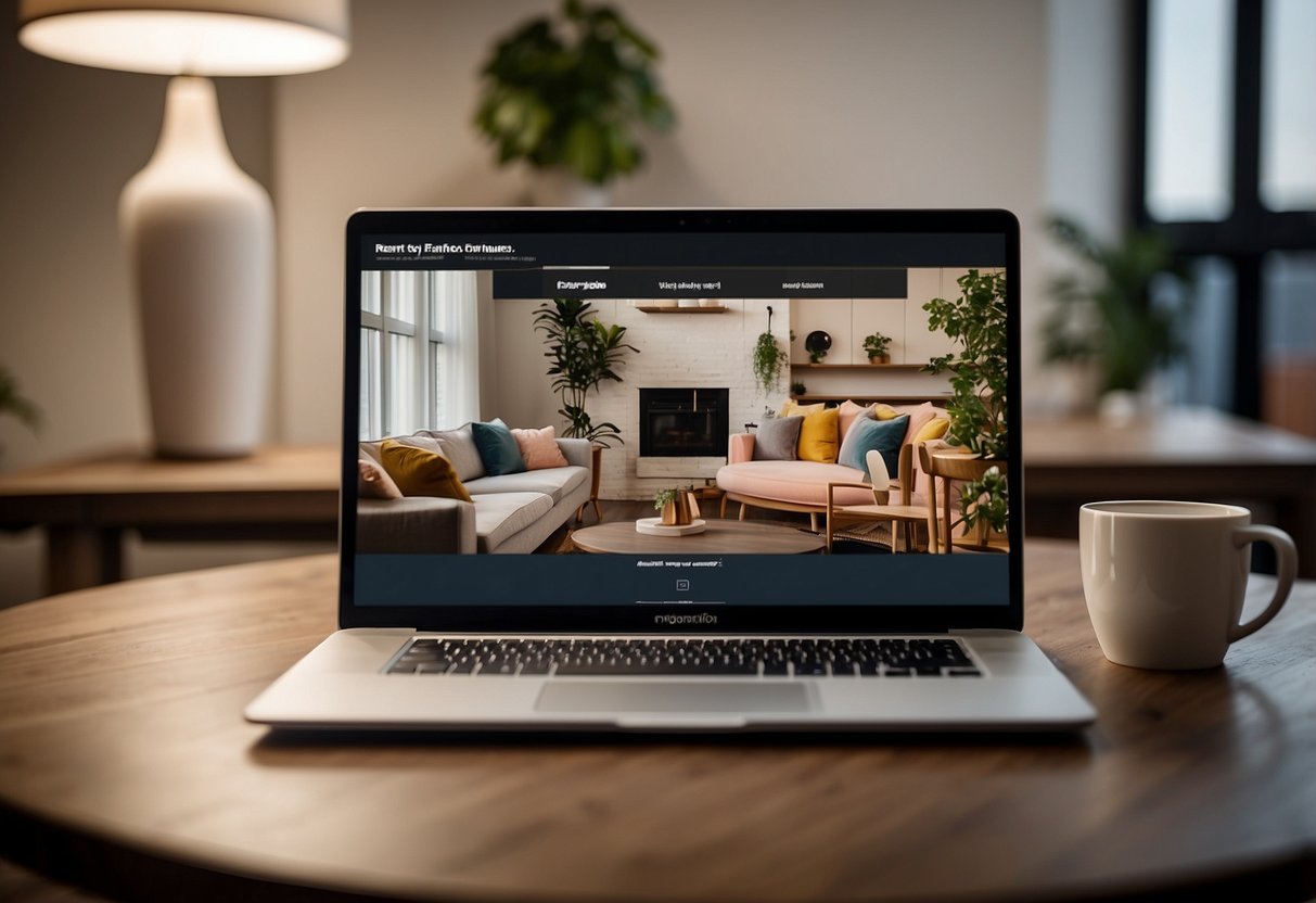 A laptop on a table, with a website open displaying rent-to-own furniture options. A happy family in the background enjoying their new furniture
