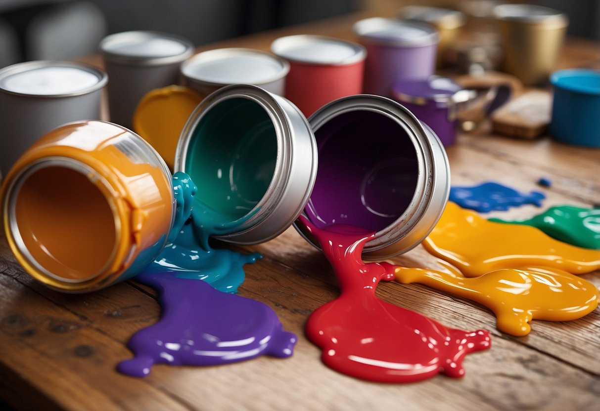 Vibrant colors of non-toxic furniture paint spill from open cans onto a wooden table, surrounded by brushes and a clean workspace