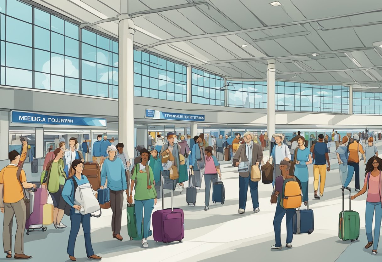 A bustling airport terminal with people carrying luggage, a sign for "Medical Tourism" and a group of travelers discussing treatment options
