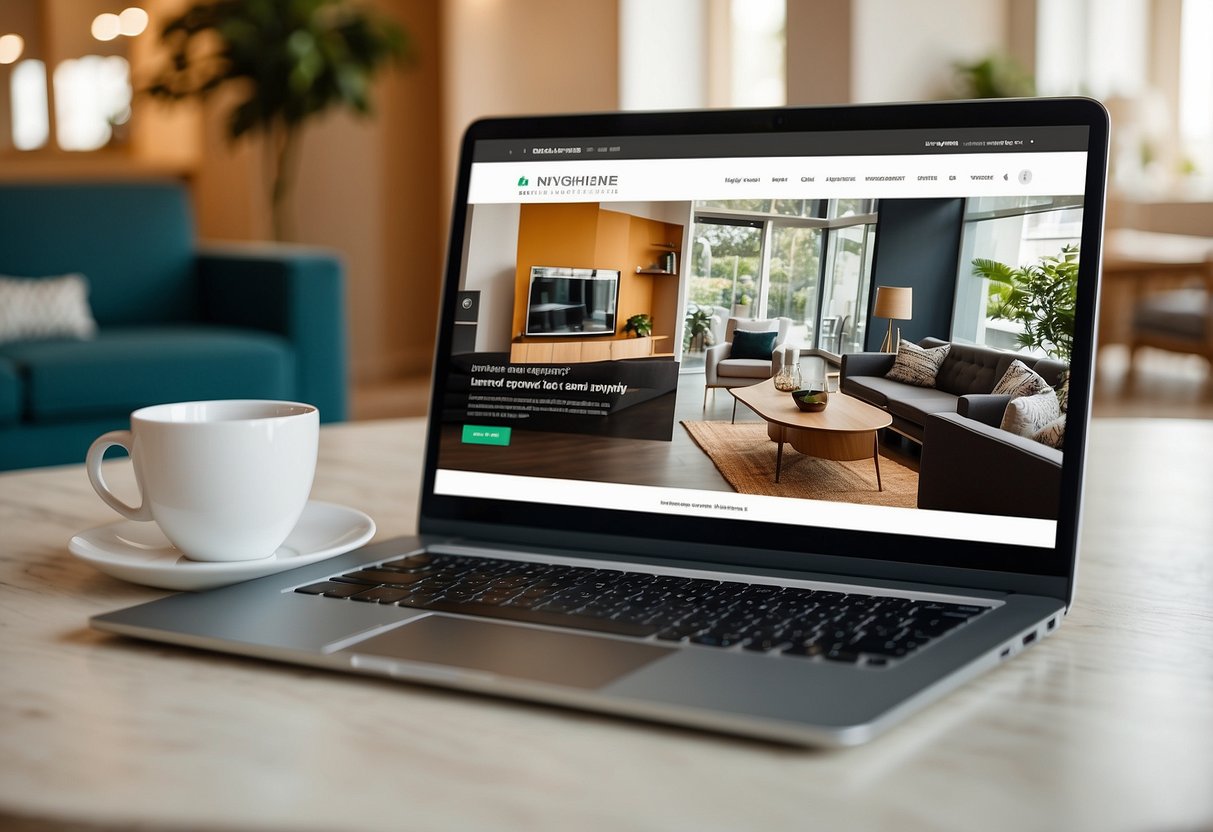 A laptop displaying a website with furniture options, a virtual tour of a showroom, and a checkout process with flexible payment options