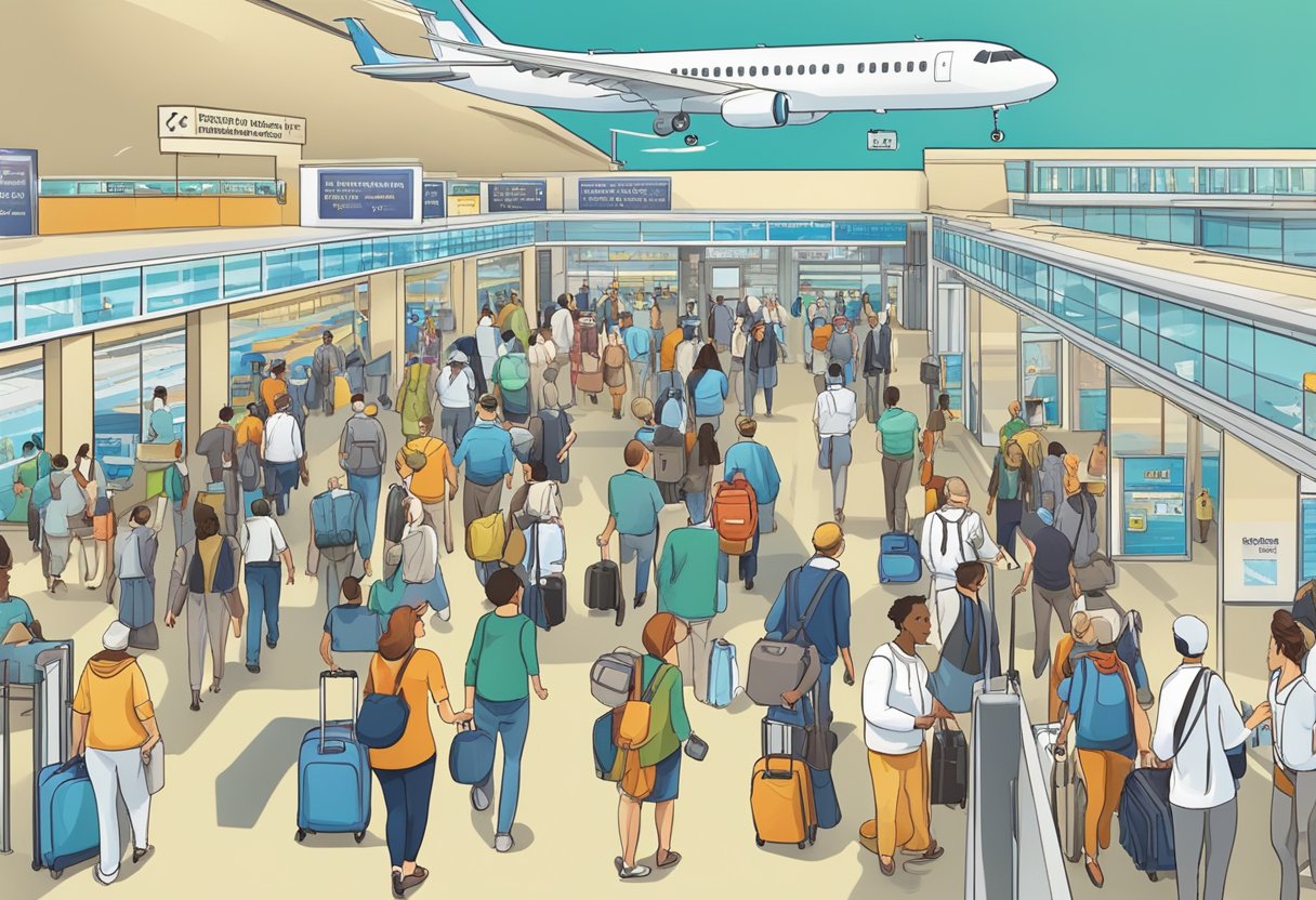 A bustling airport with diverse travelers, a sign reads "Medical Tourism" with arrows pointing to different destinations