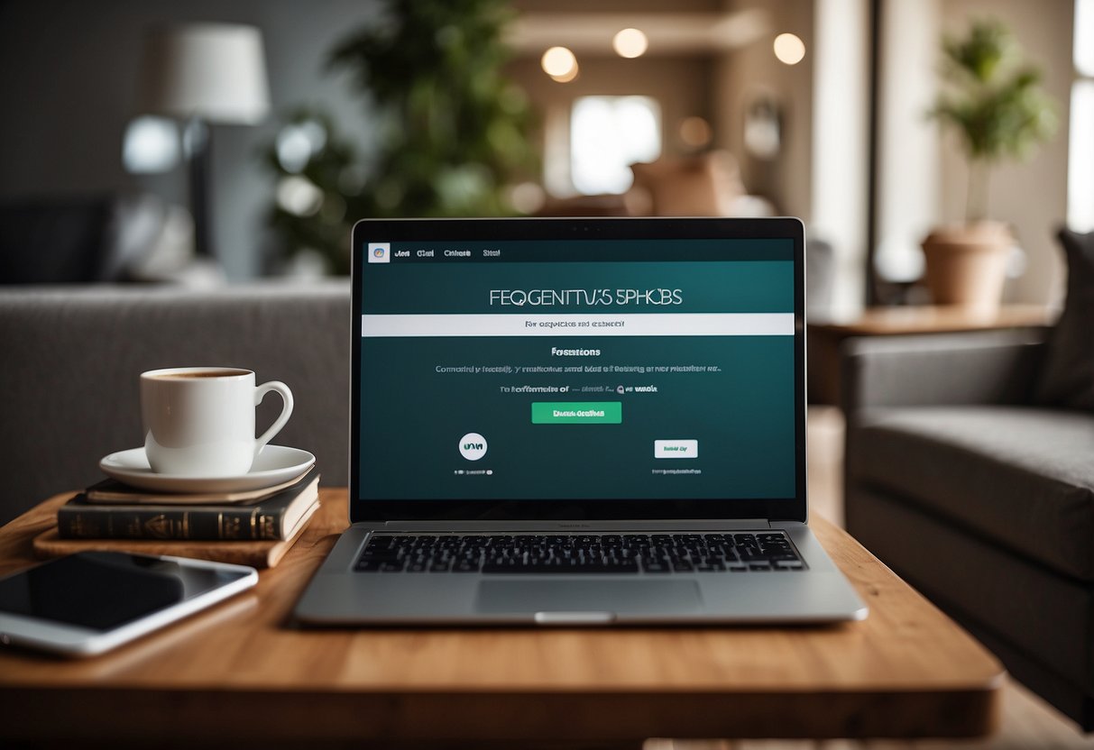 A laptop with "Frequently Asked Questions" on the screen beside a couch and coffee table with various furniture options displayed on a website