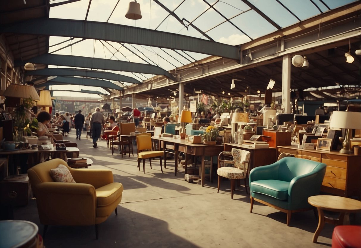 A bustling flea market with colorful stalls and vintage signage. Customers browse through an array of retro furniture, from mid-century modern sofas to funky 70s chairs