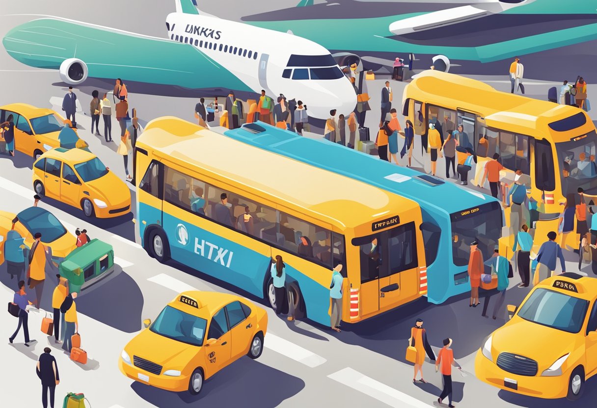 A bustling airport with international signage, a line of taxis, and a hotel shuttle bus, surrounded by diverse people with luggage