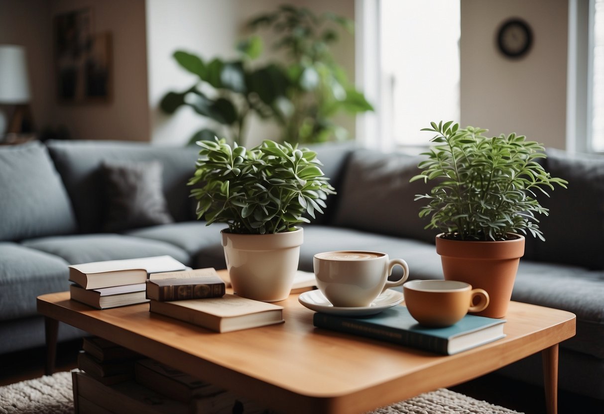 A cozy living room with a plush sofa, a coffee table with a stack of books, a soft rug, and a potted plant in the corner