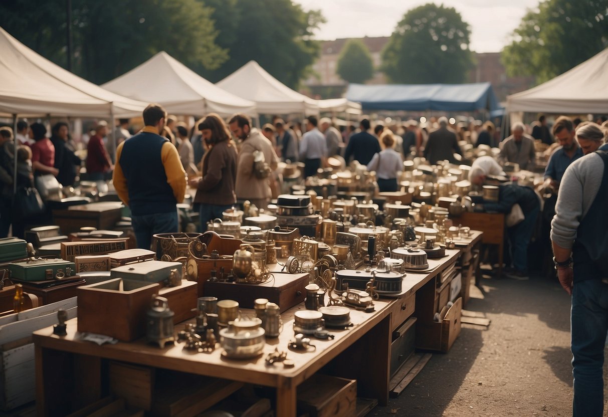 A bustling flea market with vintage furniture stalls, customers browsing unique pieces, and vendors negotiating prices
