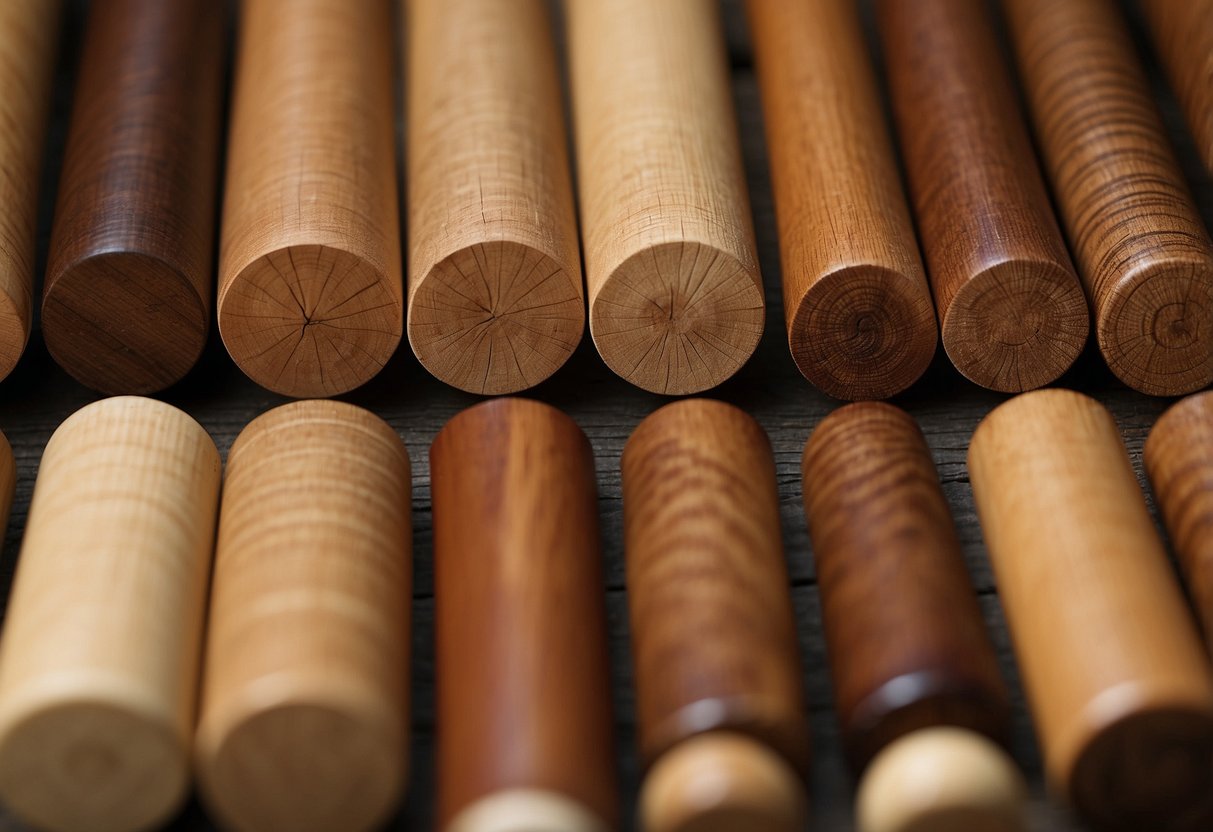 Various wood types (oak, cherry, maple) arranged on a workbench, each displaying unique grain patterns and colors