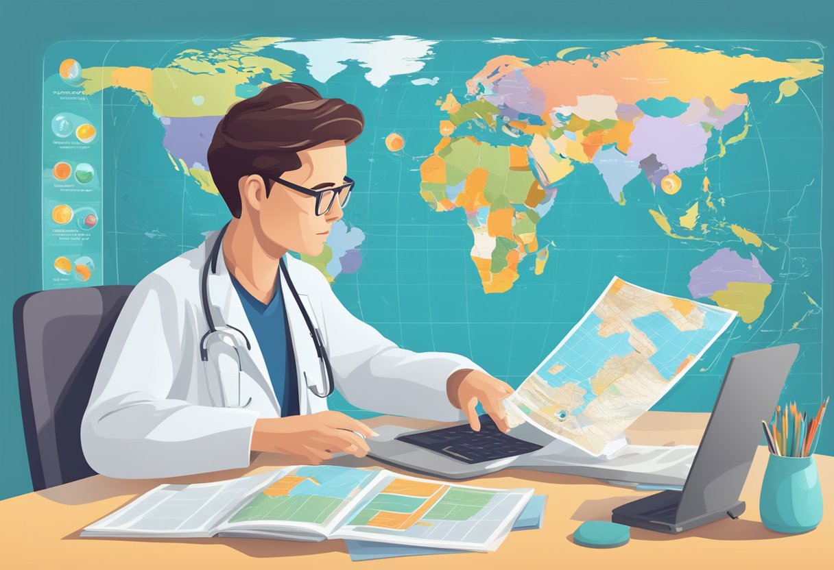 A patient researching medical procedures online, surrounded by travel brochures and a world map. India Medical Tourism