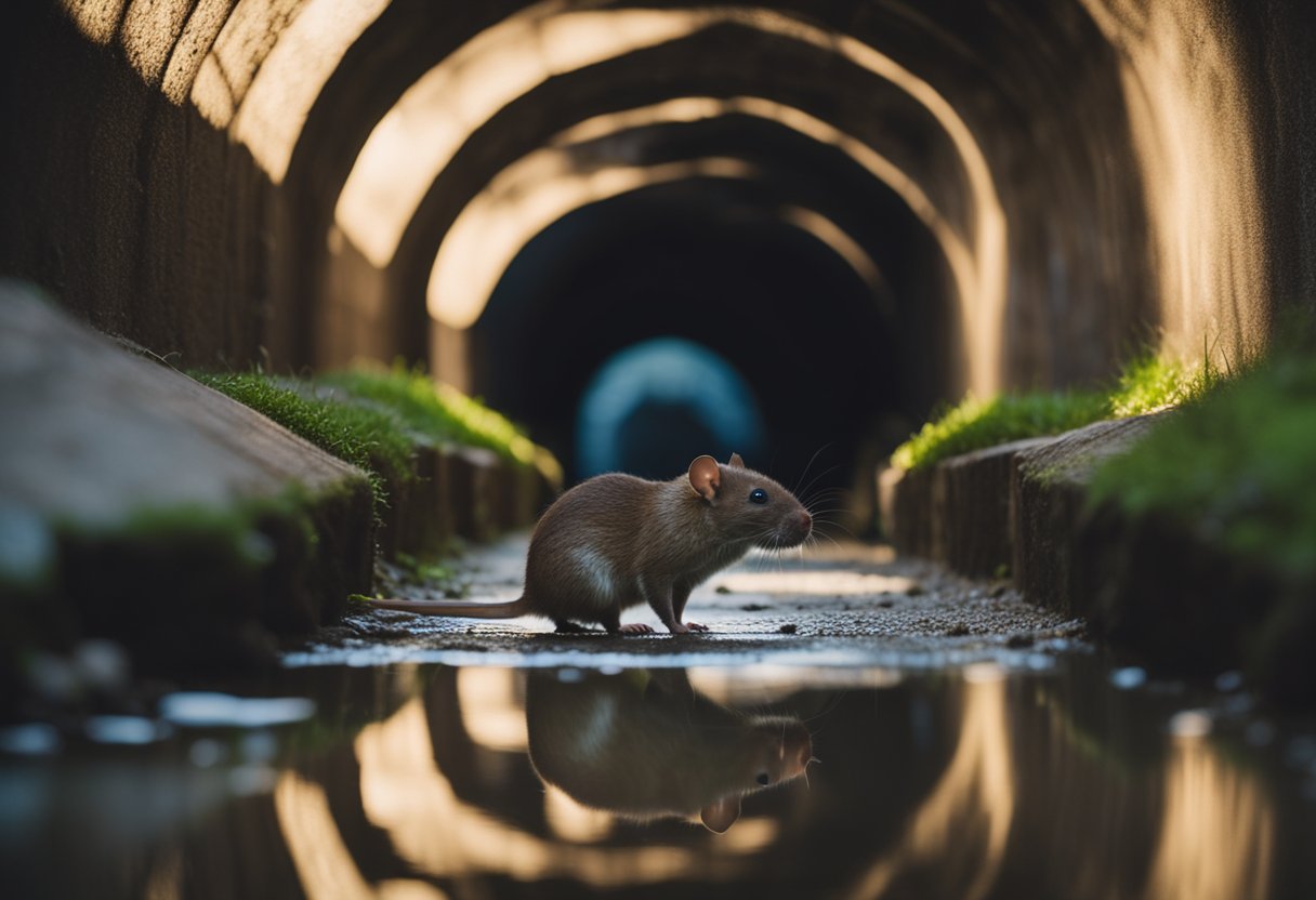 A brown rat scurries through a dimly lit sewer tunnel, its whiskers twitching as it searches for food