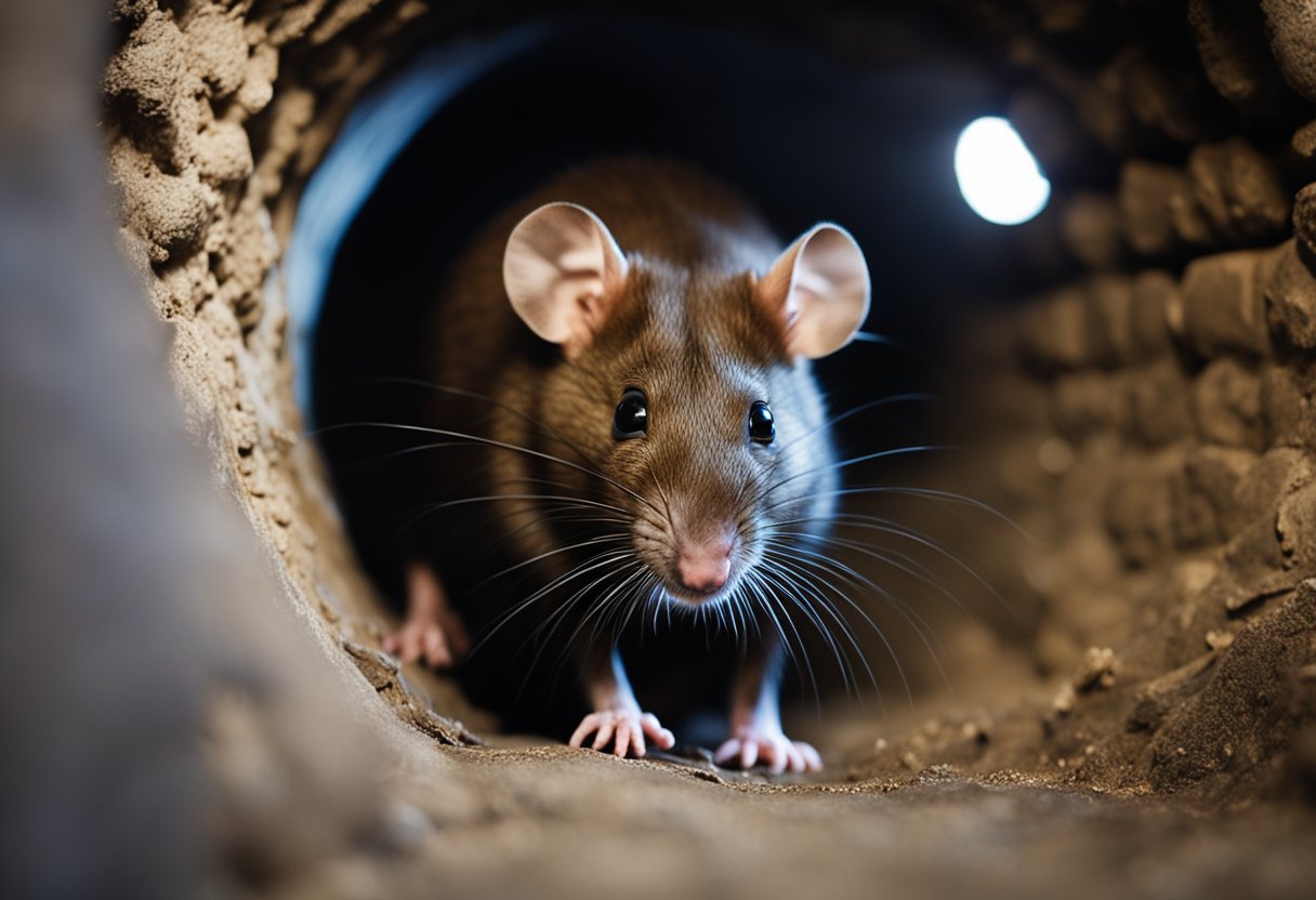 A brown rat (Rattus norvegicus) scurries through a dimly lit sewer tunnel, its whiskers twitching as it sniffs the air for food