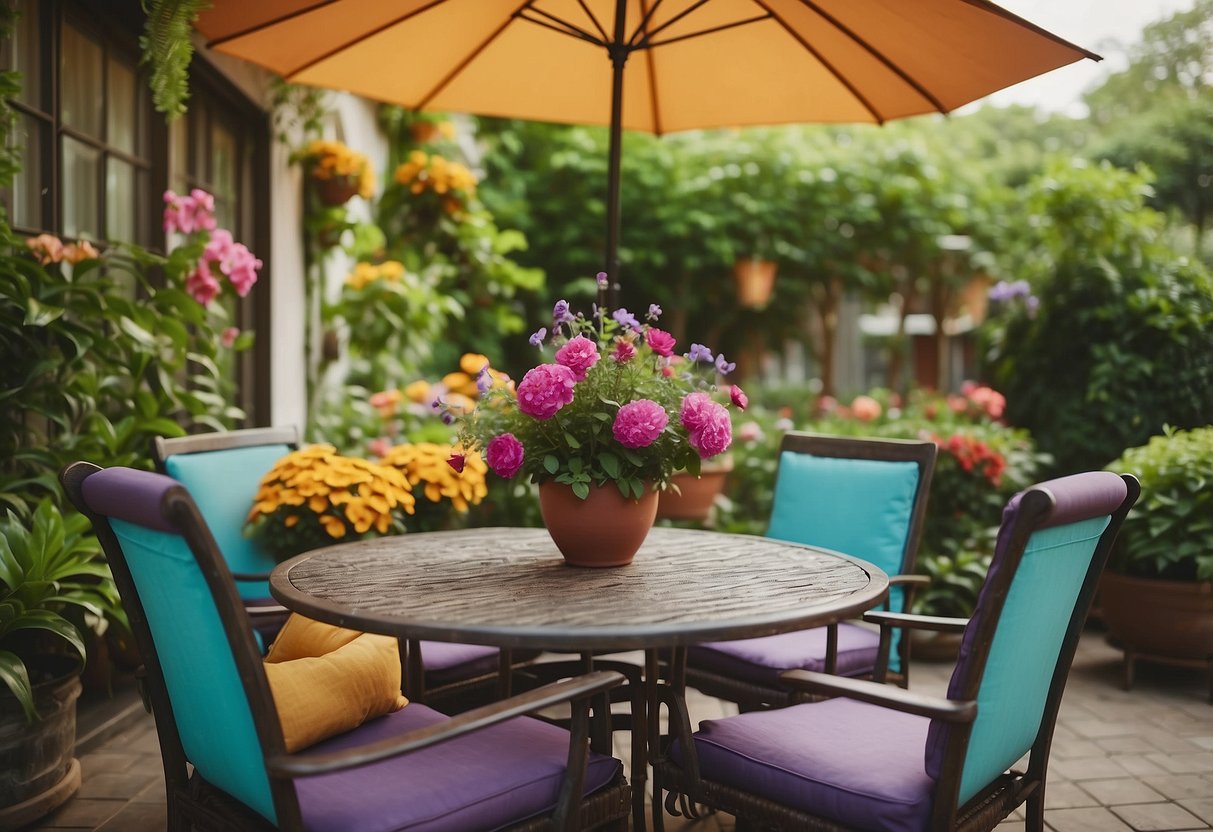 A cozy outdoor patio set with a table, chairs, and a colorful umbrella surrounded by lush greenery and blooming flowers