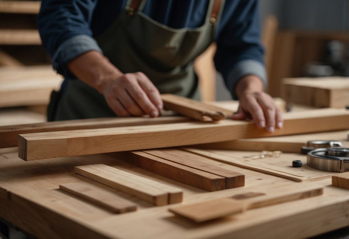 A carpenter selecting oak and maple for furniture. Wood samples on a workbench. Tools in the background