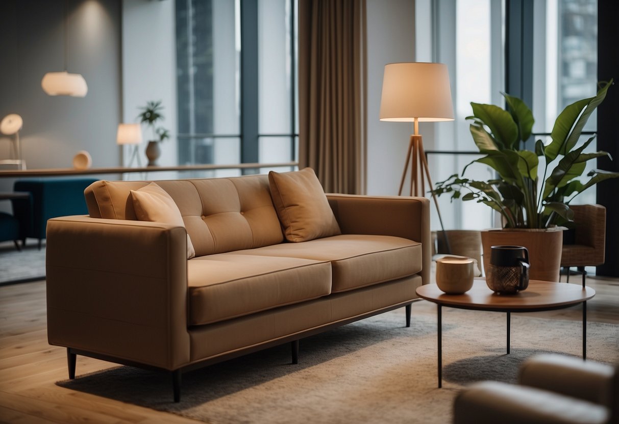A sleek sofa and armchair stand in a well-lit showroom. A coffee table and floor lamp complete the modern furniture set