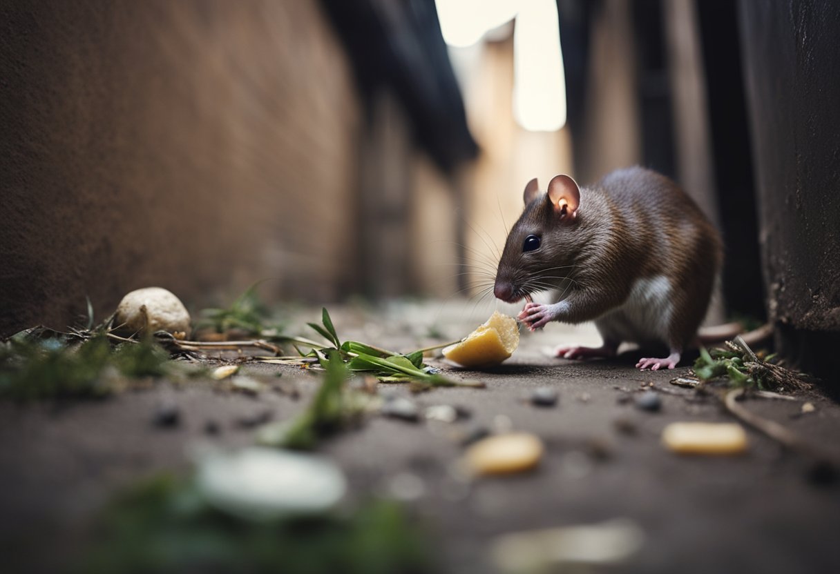 A brown rat gnaws on a piece of food near a nest of baby rats in a dark, cluttered urban alleyway