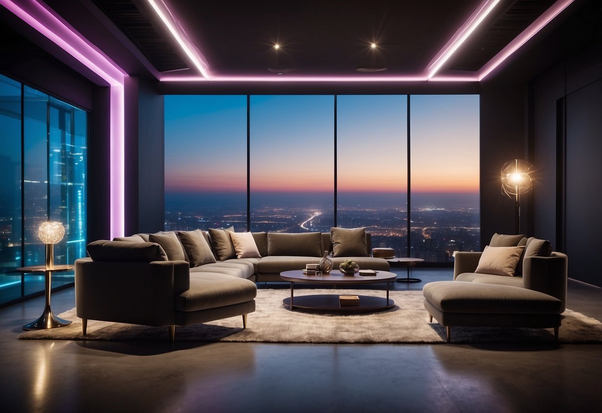 A sleek, modern furniture collection is revealed on a stage with bright lights and a futuristic backdrop