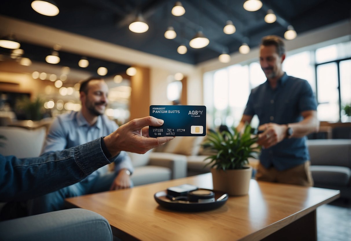 A customer swipes a credit card to buy a sofa and coffee table in a bright, spacious furniture store