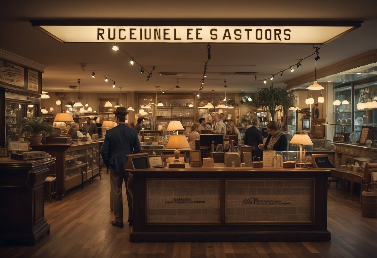 A retro furniture store with customers browsing, a sign reading "Frequently Asked Questions" above a sales counter. Vintage pieces on display