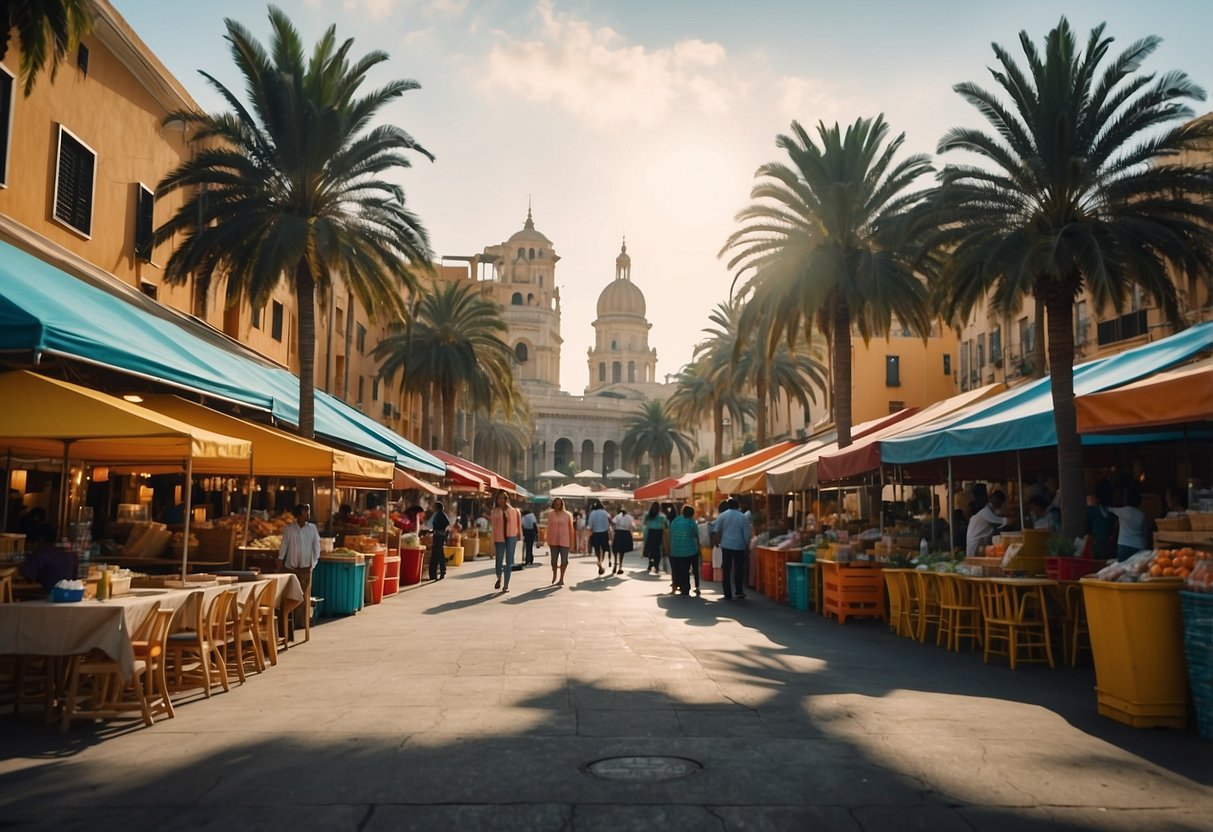 A bustling street market with colorful furniture stalls lining the sidewalks, surrounded by vibrant buildings and palm trees in the background