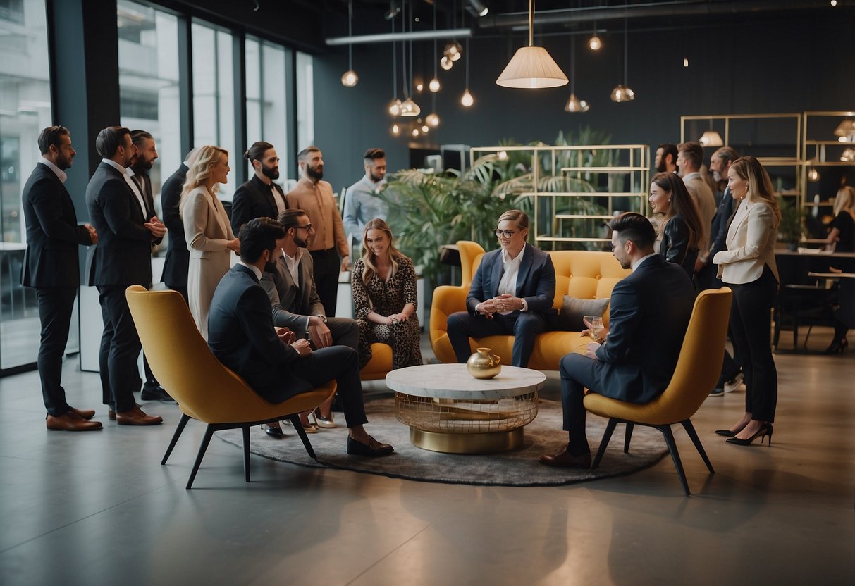 A group of designers and manufacturers gather at a sleek, modern furniture launch event, showcasing their latest collaborations and celebrating the growth of the industry