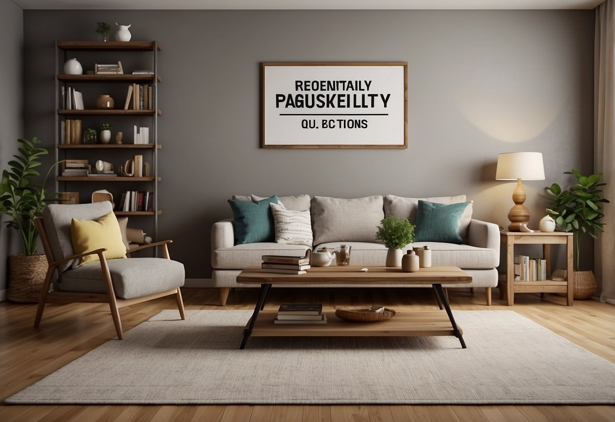 A cozy living room with a sofa, coffee table, and bookshelf. A sign with "Frequently Asked Questions" hangs on the wall