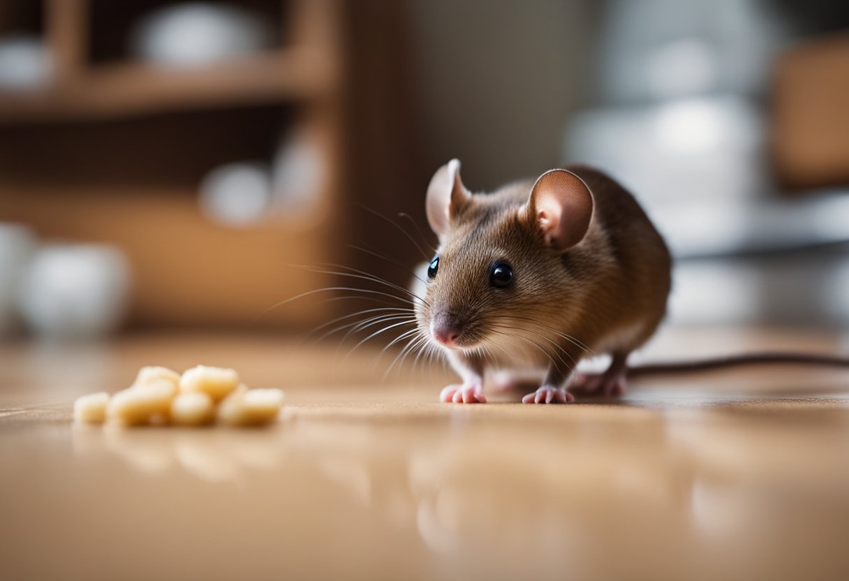 A small brown mouse scurries across a kitchen floor, its whiskers twitching as it searches for crumbs