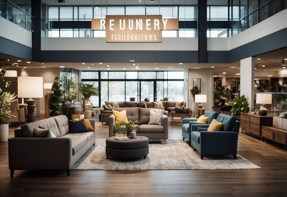A crowded showroom with modern furniture displays and a banner reading "Frequently Asked Questions furniture launch" above the entrance