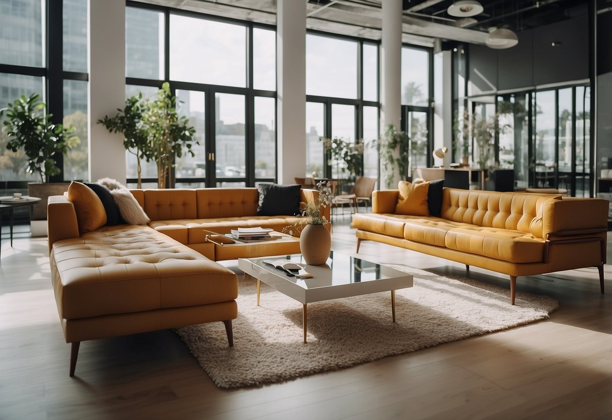 A spacious showroom with modern, sleek furniture arranged in stylish vignettes. Bright natural light filters in through large windows, casting a warm glow on the elegant pieces
