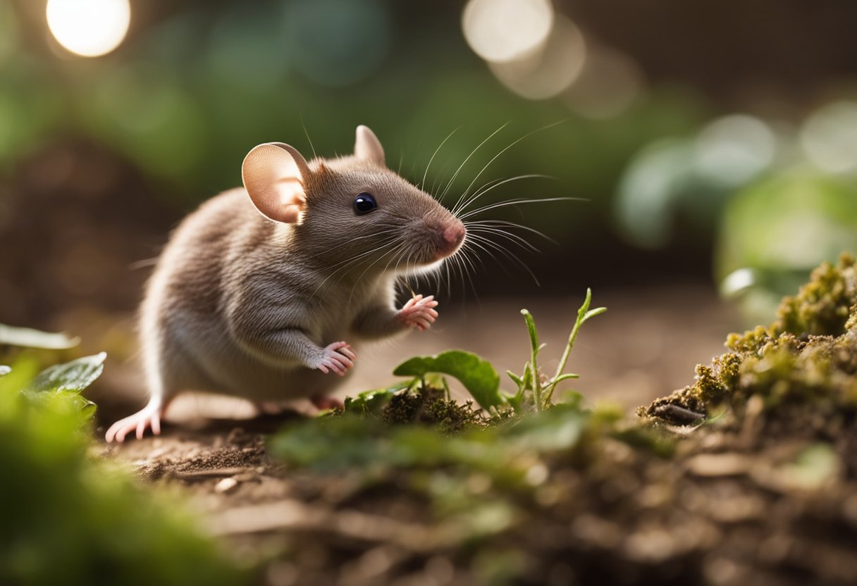 A house mouse (Mus musculus) explores a maze of tunnels, foraging for food and interacting with other mice in a naturalistic setting