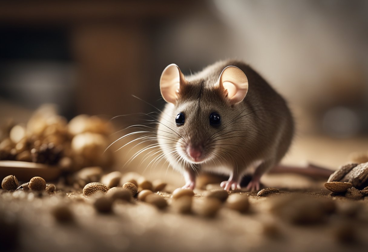 A house mouse (Mus musculus) scurries across a cluttered kitchen floor, seeking crumbs and shelter in the warm, dimly lit space