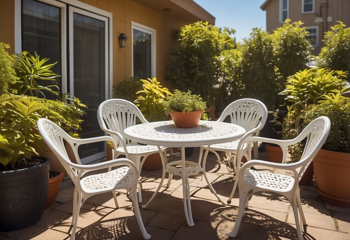 A sunny patio with a table and chairs, surrounded by potted plants. A sign advertises "Outdoor Furniture Deals" in bold letters
