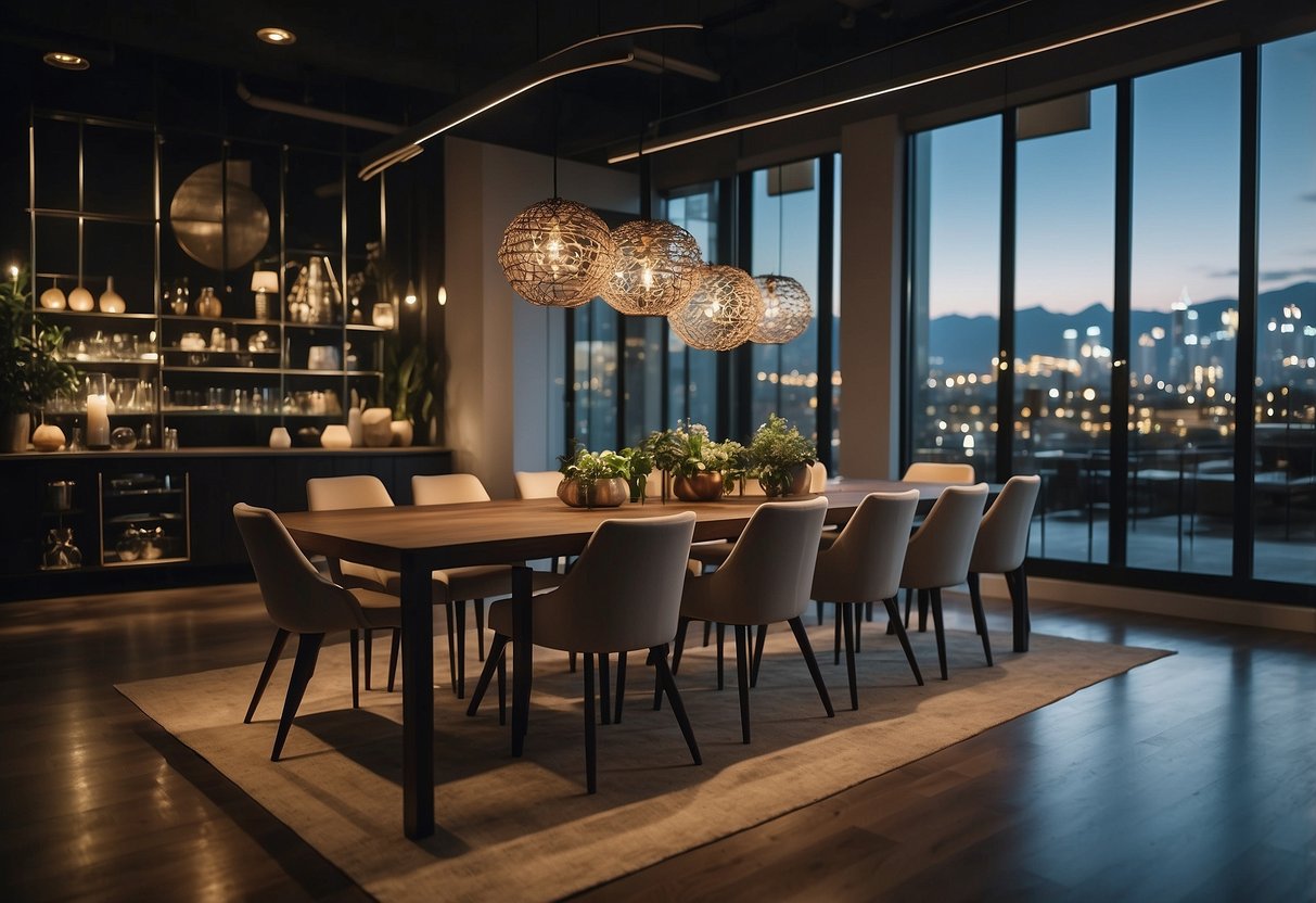 A sleek, modern dining table sits in the center of a spacious furniture mart, surrounded by stylish chairs and softly illuminated by overhead lights