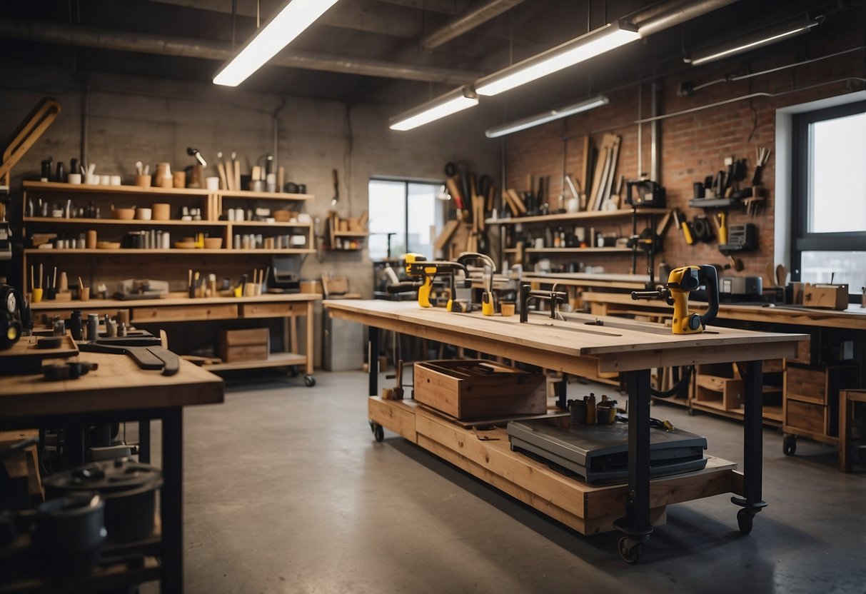 A workshop filled with tools and materials, with a focus on precision and attention to detail. Designs and prototypes line the walls, showcasing the craftsmanship and philosophy behind Rio furniture