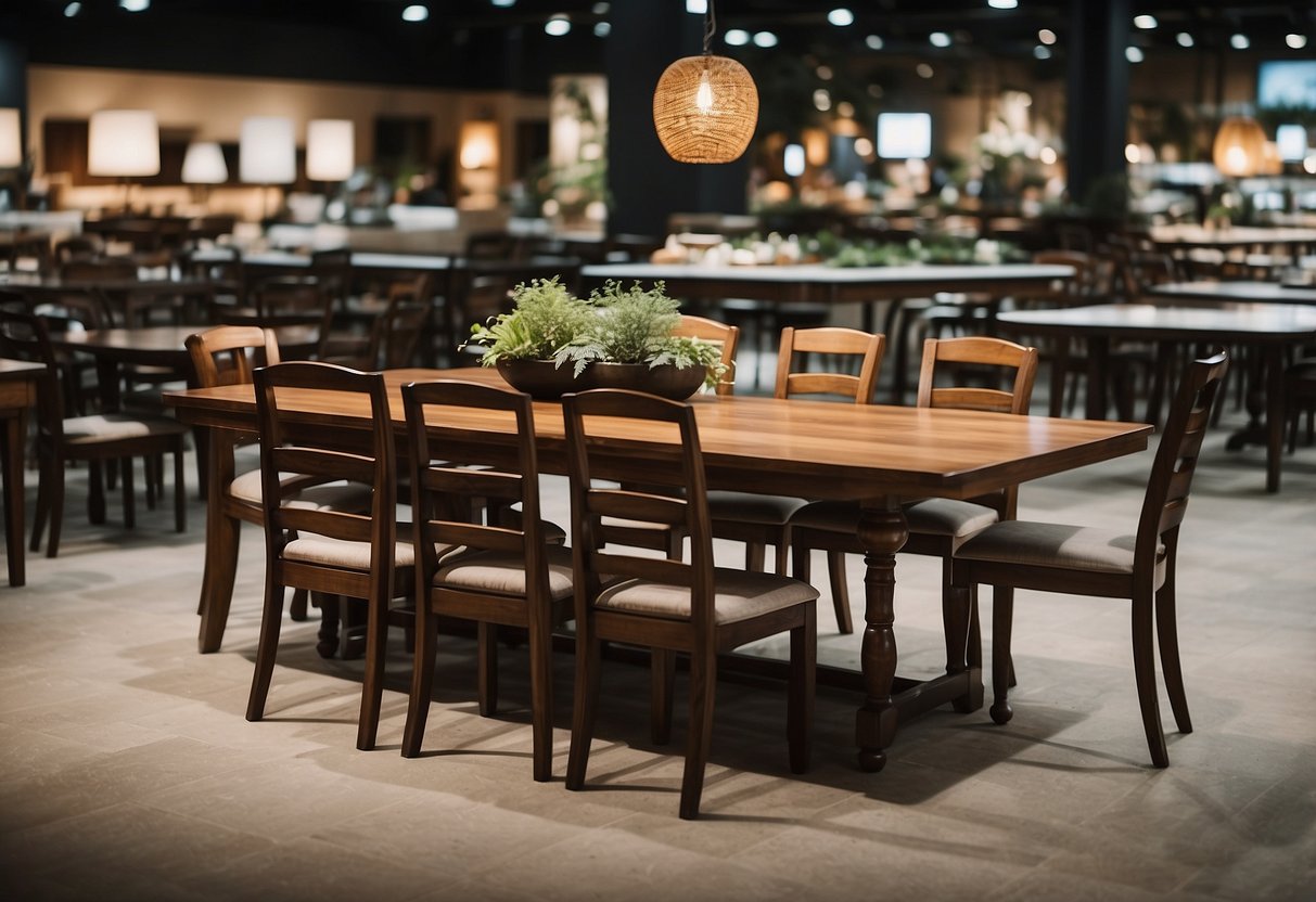 A variety of dining tables displayed in a furniture mart, with different shapes, sizes, and materials