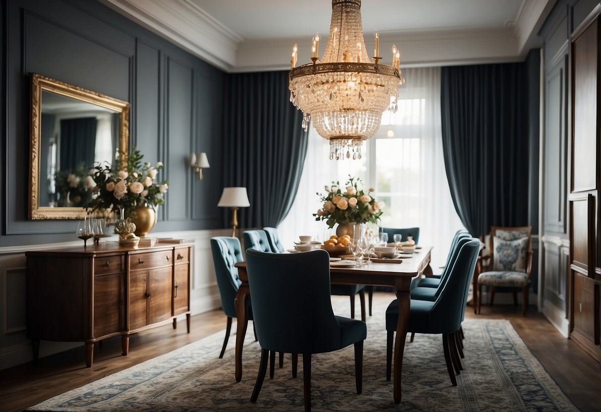 A dining table with matching chairs, a buffet or sideboard, and a chandelier hanging above. The room is well-lit and decorated with a rug and curtains