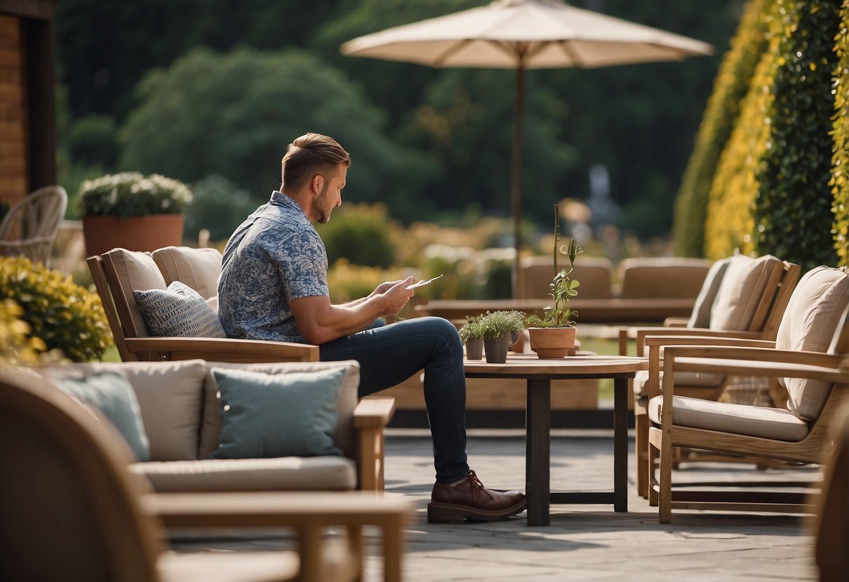 A person is browsing through a variety of outdoor furniture options, carefully considering each piece before making a decision