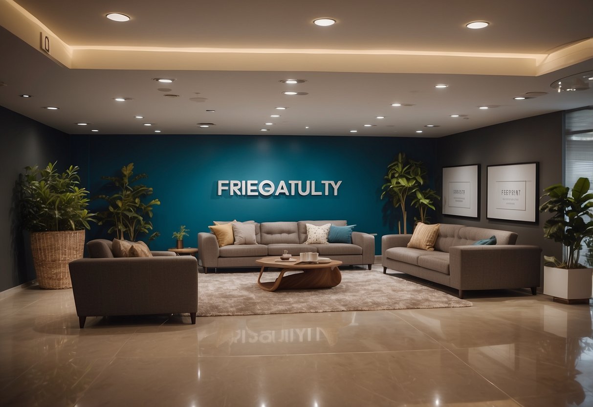 A welcoming showroom with modern furniture displays and a sign reading "Frequently Asked Questions rio furniture."