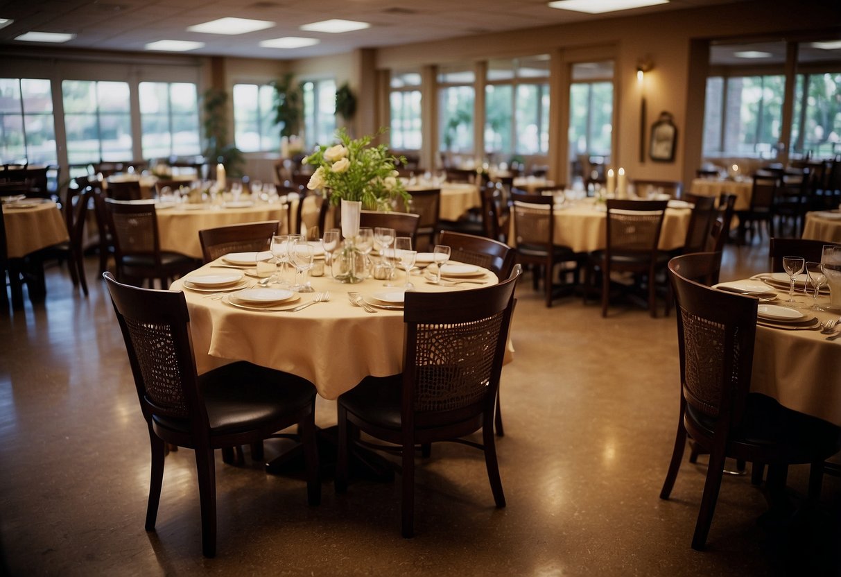 A dining table surrounded by chairs, with a variety of table settings and decor. A sign above reads "Frequently Asked Questions furniture mart dining table."